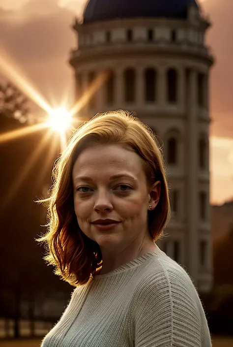 s4rahsn00k-1850, masterpiece, sfw, austere, headshot portrait, detailed face, emotional facial expression, standing in front of beautiful monument, at sunset, golden hour, lensflares, god rays, backlit, specular highlights,