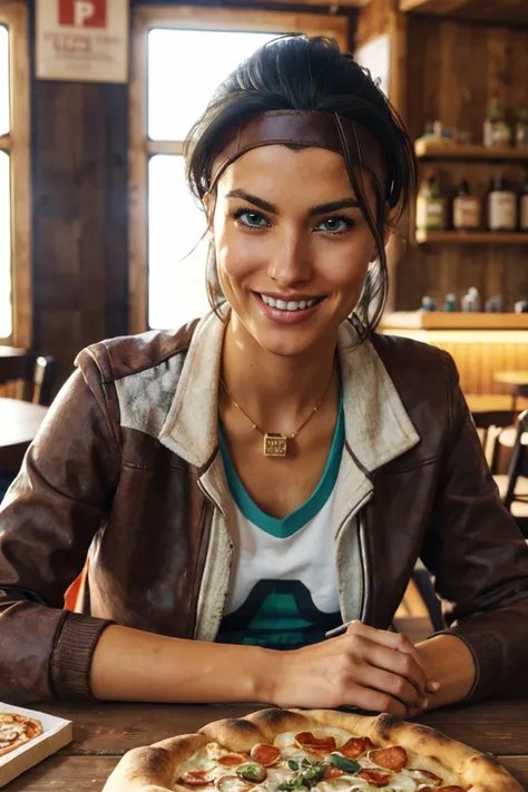 Alyx, short black hair, green eyes,headband, brown cropped jacket, sweater, necklace, looking at viewer, smiling, teeth, upper body shot, sitting, behind a table, inside pizzeria, table full of food, pizza, high quality, masterpiece, <lora:AlyxVance-10A:.7>