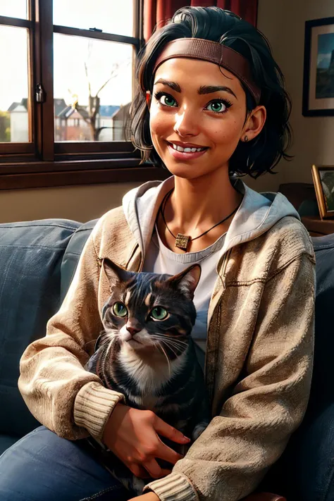 Alyx, short black hair, green eyes,headband, brown cropped jacket, sweater, belt, jeans, necklace, looking at viewer, smiling, happy, teeth, sitting, on sofa, holding a small cat, inside cozy living room, window, dusk, high quality, masterpiece, <lora:AlyxVance-10A:.7>