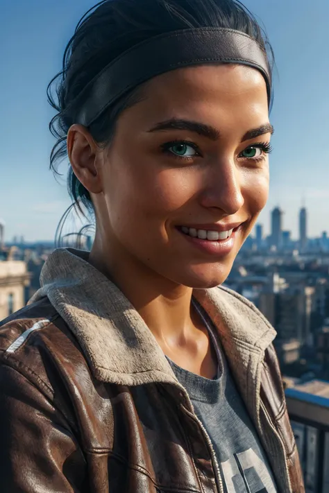 Alyx, short black hair, green eyes,headband, brown cropped jacket, sweater, looking at viewer, smiling, close up, outside, cityscape, blue sky,high quality, masterpiece, <lora:AlyxVance-10A:.7>