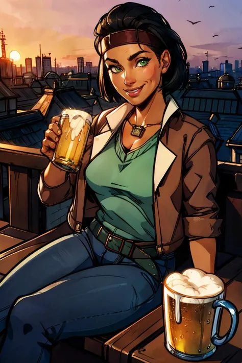 Alyx, short black hair, green eyes,headband, brown cropped jacket, sweater, belt, jeans, necklace, looking at viewer, smiling, happy, teeth, sitting, on chair, outside, rooftop, holding a mug of beer, cityscape, dusk, high quality, masterpiece, <lora:AlyxVance-10A:.7>