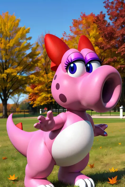 chibi, birdo, pink skin, two-tone skin, purple eyes, eyeshadow, lizard tail, red bow, looking at viewer, standing, outside, park, field, trees, autumn, blue sky, high quality, masterpiece,  <lora:Birdo-10YI:.8>