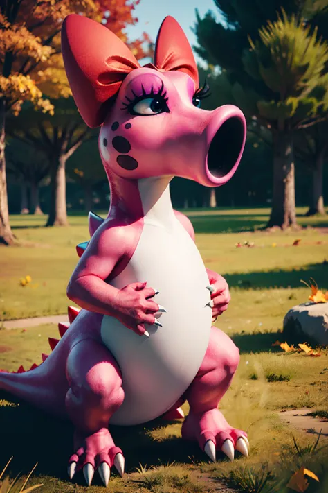 Birdo, pink skin, two-tone skin, black eyes, eyeshadow, half-closed eyes ,Lizard tail with red spikes ,red bow, white claws, standing, grassland, morning, large tongue,
cleavage,
(insanely detailed, beautiful detailed face, masterpiece, beautiful detailed eyes, best quality) <lora:Birdo-10v2:0.7>