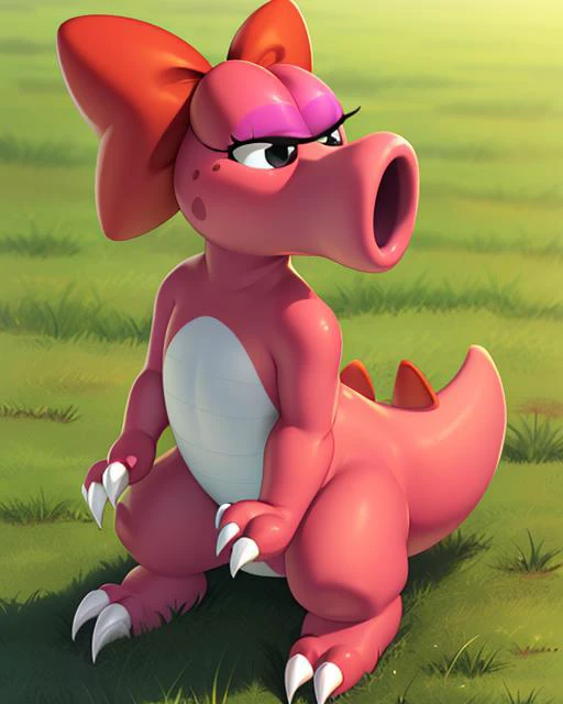 Birdo, pink skin, two-tone skin, black eyes, eyeshadow, half-closed eyes ,Lizard tail , red bow, claws, white nails, standing, ,full body,
grassland, morning,
(insanely detailed, beautiful detailed face, masterpiece, beautiful detailed eyes, best quality) <lora:Birdo:0.8>