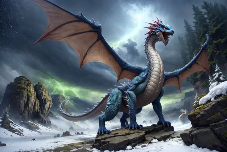 <lora:ironcatlora2Dragons_v10:0.7> textless, photo, a majestic ice dragon surrounded by thunder, lanscape with snow and rocks, snowflakes falling out of the sky