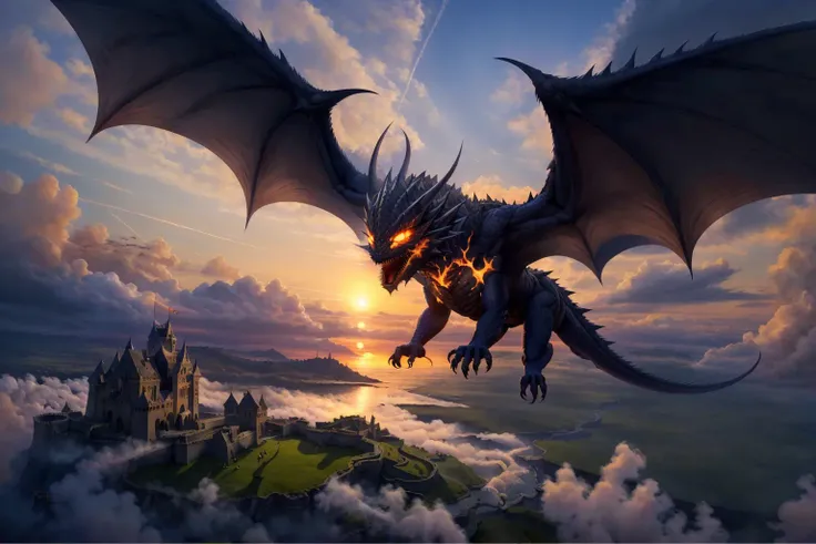 <lora:ironcatlora2Dragons_v10:0.7> textless, photo, a gigantic black dragon flying over leaving a massive shadow, castle on fire in the background, dusk and gloomy