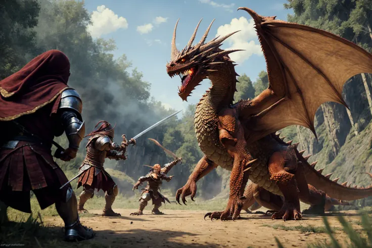 (masterpiece:1.4), (best quality:1.4), realistic, <lora:Dragons-000018:0.6> dragon, outdoors, battle, multiple boys, knight, weapon