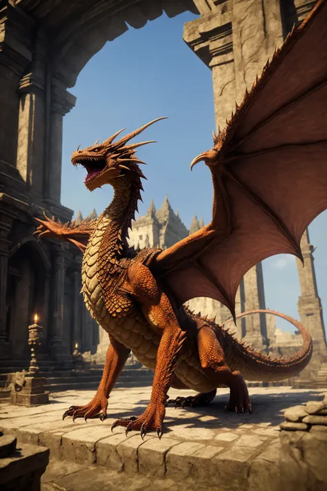(masterpiece:1.4), (best quality:1.4), realistic, <lora:Dragons-000018:0.6> dragon, open mouth, temple, wings, claws