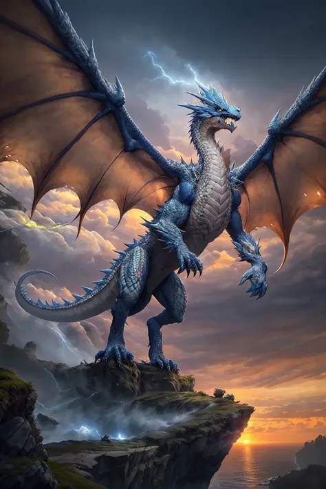 <lora:ironcatlora2Dragons_v10:0.7> , textless, photo, a majestic ice dragon atop a cliff, dusk and gloomy, rainy and thunder, multiple wings,