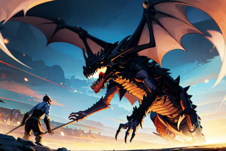 <lora:Dragons_NED-000018:0.7> <lora:voxMachinaStyleLora_season1:0.6> , textless, vox machina style, dead black skeleton dragon, multiple boys, knight, battle, weapon