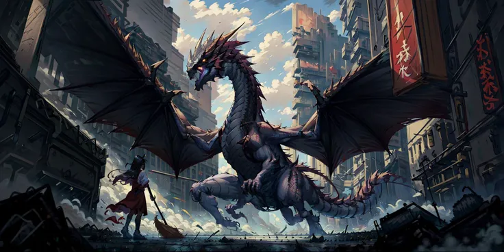 (masterpiece, best quality:1.4), 
(badass, battle stanse:1.2), epic, from behind,
1girl, solo, japanese school girl holding broom, japanese school girl, broom, standing against dragon, red dragon, <lora:Dragons v1:1>
detailed background, wind, (cyberpunk city:1.2),  street