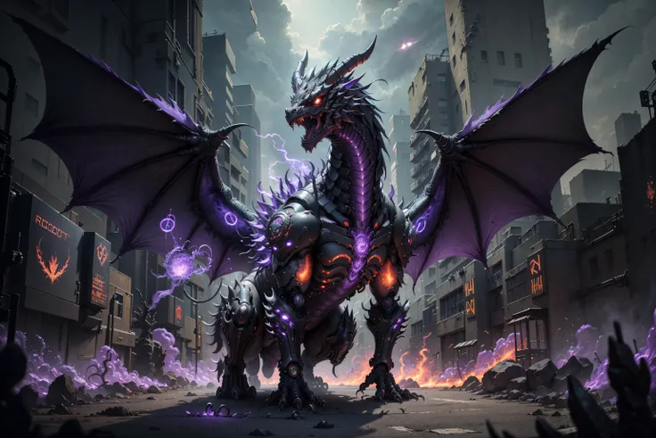 (robotic black and red dragon),(masterpiece, Extremely detailed, 8k, photorealistic,UHD,best quality, highres:1.3),robort,(photorealistic:1.2)(dept of field:1.2),dof, absurdres, (realistic:1.5),fine detail, HDR, perfect illumination, distinct, , (open mouth),(cybernetic body),(fangs:1.2),(post-apocalyptic lanscape:1.2), wings, (claws),cyberpunk,electronic part,(breathing purple_fire:1.3),detailed eyes,
film grainy, insane details, intricate details, hyperdetailed, unreal engine, trend on artstation,highly detailed,science-fiction,futurist,
(mechanical),
<lora:Dragons v1:0.3>,<lora:FINAL Robort:0.2>
