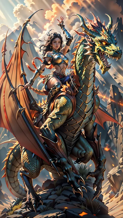((Best quality)), ((masterpiece)), (highly detailed:1.3), 3D, (massive dragon:1.2) with women (knight:1.1) riding on back, dragon rider, inspired by D&D, fantasy,(High Dynamic Range),Ray Tracing,NVIDIA RTX,Super-Resolution,Unreal 5,Subsurface scattering,PBR Texturing,Post-processing,Anisotropic Filtering,Depth-of-field,Maximum clarity and sharpness,Multi-layered textures,Albedo and Specular maps,Surface shading,Accurate simulation of light-material interaction,Perfect proportions,Octane Render,Two-tone lighting,Low ISO,White balance,Rule of thirds,Wide aperature,8K RAW,Efficient Sub-Pixel,sub-pixel convolution,luminescent particles,light scattering,Tyndall effect <lora:Dragons:0.4> <lora:LowRA:0.2> <lora:NijiExpressV2:0.4>