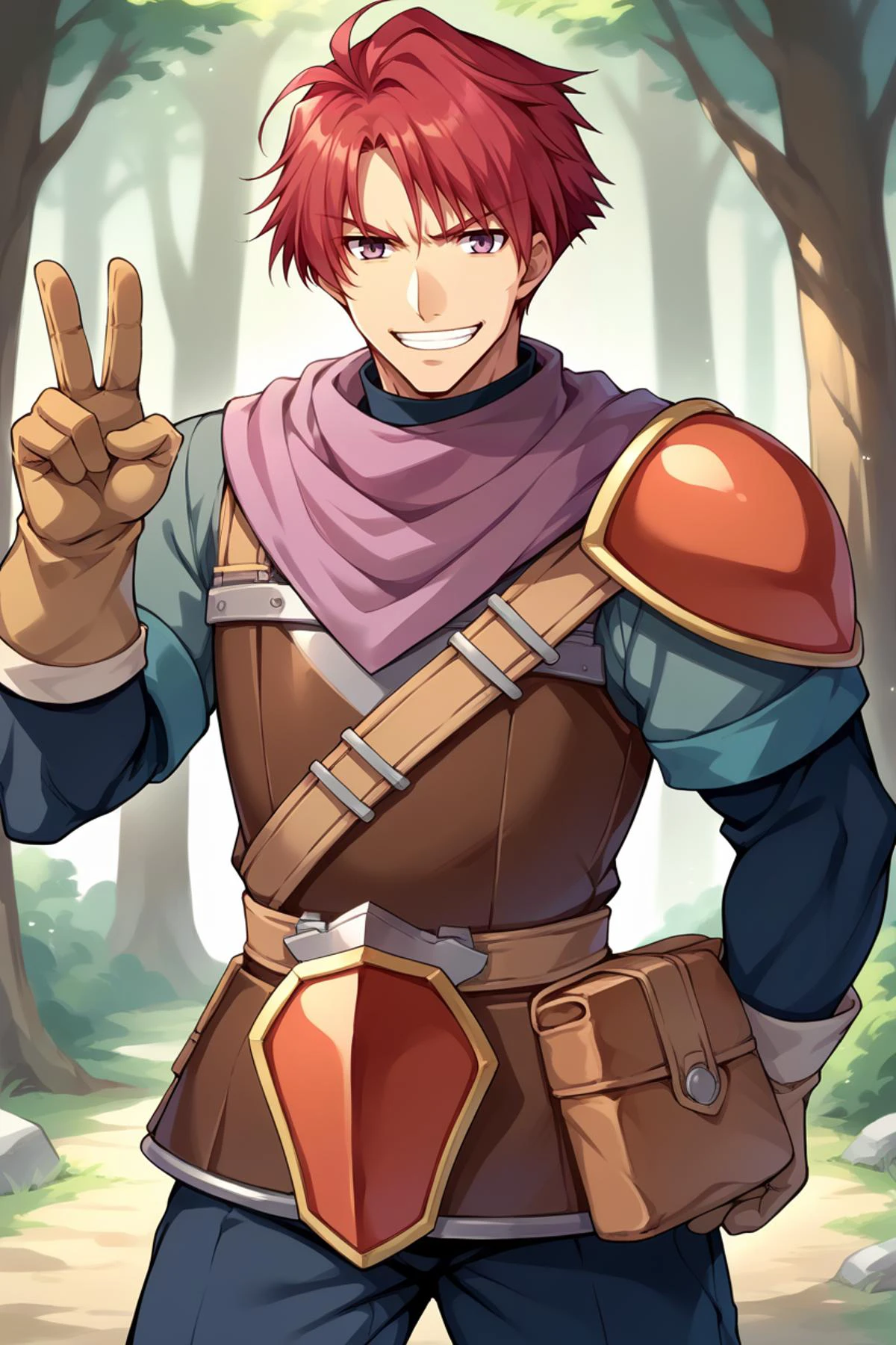 score_9, score_8_up, score_7_up, score_6_up, source_anime BREAK male focus, solo, <lora:trailsinthegrant:1> grantchads, red hair, brown eyes, scarf, male focus, armor, gloves, pants, muscular, looking at you, peace sign, grin, serious, forest