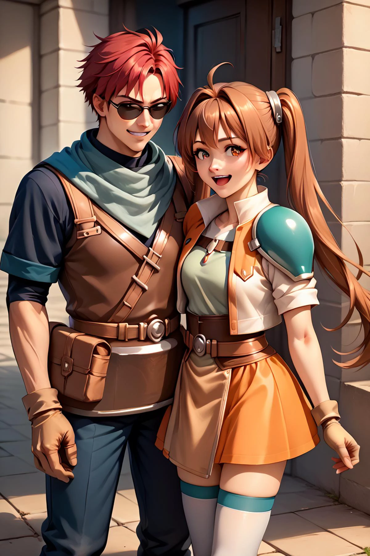 score_9, score_8_up, score_7_up, score_6_up, source_anime, 1girl, 1boy, man and woman, two people standing BREAK 1boy, <lora:trailsinthegrant:0.8> grantchads, red hair, brown eyes, scarf, armor, gloves, pants, sunglasses, closed eyes, grin BREAK 1girl, <lora:estelle-pdxl-nvwls-v1:1> scEstelle, twintails, cropped jacket, orange and white jacket, green shoulder pad, tan shirt, orange skirt, belt, white thighhighs, brown gloves, happy, excited, open mouth