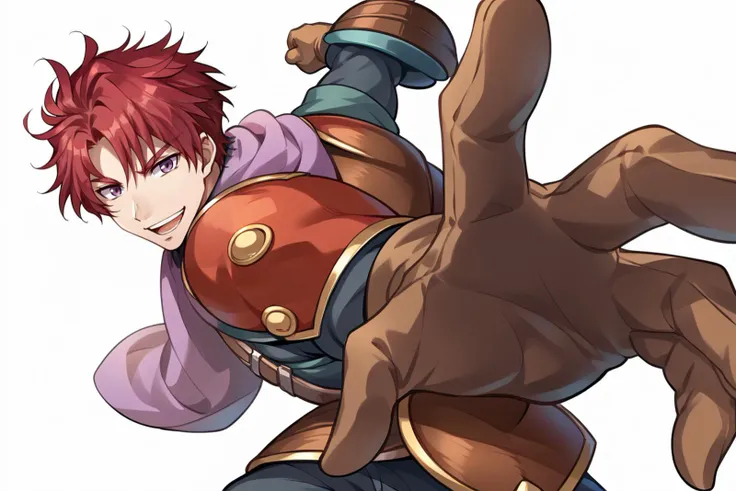 score_9, score_8_up, score_7_up, score_6_up, source_anime BREAK male focus, solo, <lora:trailsinthegrant:1> grantchads, red hair, brown eyes, scarf, male focus, armor, gloves, pants, muscular, looking at you, simple background, white background <lora:PepePunchMeme_XLPD:1> IncrsPunchMeme, incoming punch, happy, smile, open mouth