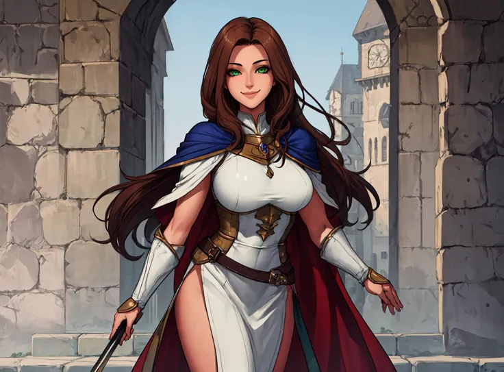 masterpiece, best quality, sharp focus, 1girl, (solo:1.5), mature female, tall, standing, brown hair, very long hair, green eyes, (shiny eyes:1.2), medieval armor, cape, smile, <lora:GoodHands-beta2:1>, <lora:odanon-v1.5newcraft-lora-naivae-128dim-block:0.5>