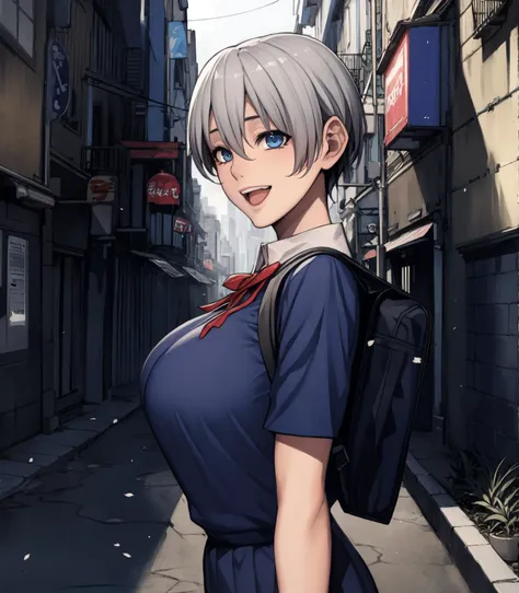 Masterpiece,bright colors, wallpaper quality, absurdres, HDR, <lora:odanon-v1.5-lora-novaeany-64dim:0.85>, oda non,1girl, young uzakihana runnig through narrow alleyway, <lora:uzakiHanaUzakiChanWants_v10:0.75>, short grey hair, white shirt, blue skirt, upper body, people in background, shops, bushes, poles, road, smile, happy, , open mouth, looking at viewer, school backpack, ribbon,blue eyes, large breasts,