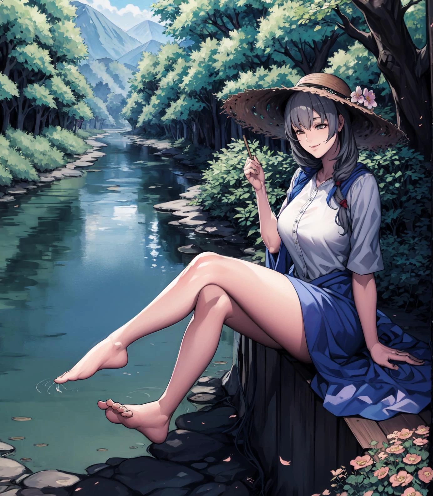 Masterpiece,bright colors, wallpaper quality, absurdres, HDR, <lora:odanon-v1.5-lora-novaeany-64dim:0.85>, oda non,mature uzakitsuki sitting on tree trunk in forest, <lora:uzakiTsukiUzakiChanWants_v10:0.7>, uzakitsuki, grey hair, single braid, smiling, summer dress, embroidery, flowers, river path, bare feet, straw hat
