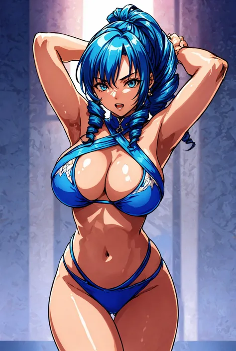 1girl, breasts, female pubic hair, pubic hair, thighhighs, blush, blue eyes, ribbon-trimmed legwear, blue hair, long hair, ponytail, sweat, huge breasts, covered nipples, looking at viewer, bare shoulders, multiple views, areola slip, detached sleeves, bangs, ribbon trim, revealing clothes, cleavage, see-through, white thighhighs, pelvic curtain, swimsuit, hair between eyes, bikini, thighs, white background, pubic hair peek, heavy breathing, earrings