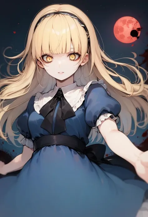 score_9, score_8_up, score_7_up, source_anime, best quality, masterpiece, BREAK
female, human, solo, alicesmt, dress, long hair, blonde hair, hairband, blunt bangs, puffy sleeves, blue dress, yellow eyes,
arm at side, outstretched arm, looking down,
evil, creepy, horror, red blood moon,
<lora:zs_AliceXL:1> <lora:Devil_animals_XL:0> <lora:lora_YamiStyle_xl_v1_pony:0.8>