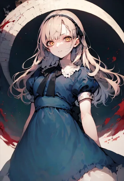 score_9, score_8_up, score_7_up, source_anime, best quality, masterpiece, BREAK
female, human, solo, alicesmt, dress, long hair, blonde hair, hairband, blunt bangs, puffy sleeves, blue dress, yellow eyes,
arm at side, outstretched arm, looking down, mouth closed, (evil grin:0.6),
evil, creepy, horror, red blood moon,
<lora:zs_AliceXL:1><lora:lora_YamiStyle_xl_v1_pony:0.8>