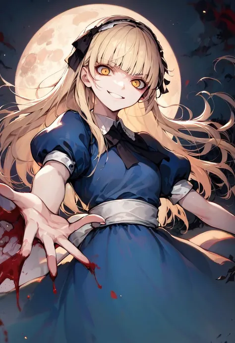 score_9, score_8_up, score_7_up, source_anime, best quality, masterpiece, BREAK
female, human, solo, alicesmt, dress, long hair, blonde hair, hairband, blunt bangs, puffy sleeves, blue dress, yellow eyes,
arm at side, outstretched arm, looking down, mouth closed, evil grin,
evil, creepy, horror, red blood moon,
<lora:zs_AliceXL:1> <lora:Evil_animals_XL:0> <lora:lora_YamiStyle_xl_v1_pony:0.8>