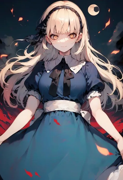 score_9, score_8_up, score_7_up, source_anime, best quality, masterpiece, BREAK
female, human, solo, alicesmt, dress, long hair, blonde hair, hairband, blunt bangs, puffy sleeves, blue dress, yellow eyes,
arm at side, outstretched arm, looking down, mouth closed, (evil grin:0.7),
evil, creepy, horror, red blood moon,
<lora:zs_AliceXL:1><lora:lora_YamiStyle_xl_v1_pony:0.8>