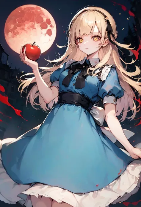 score_9, score_8_up, score_7_up, source_anime, best quality, masterpiece, BREAK
female, human, solo, alicesmt, dress, long hair, blonde hair, hairband, blunt bangs, puffy sleeves, blue dress, yellow eyes,
arm at side, outstretched arm, looking down, mouth closed, (evil grin:0.7),
evil, creepy, horror, red blood moon, holding apple,
<lora:zs_AliceXL:1><lora:lora_YamiStyle_xl_v1_pony:0.8>