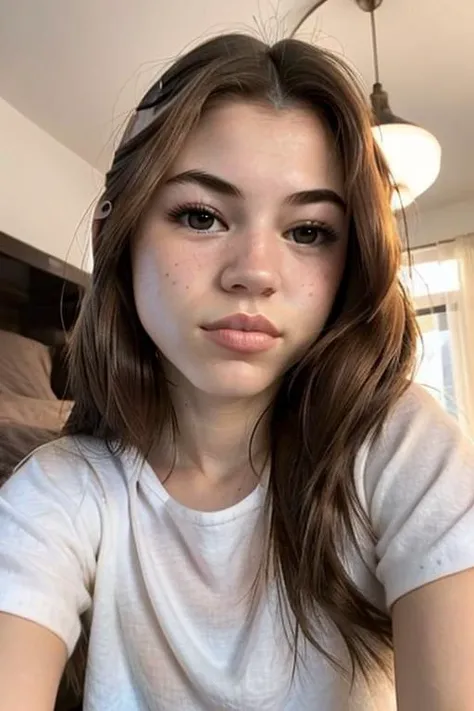 a photo of avaroseembv3, eyelashes, detailed eyes, freckles, brunette, lips, long hair, closeup, black shirt, in a bedroom