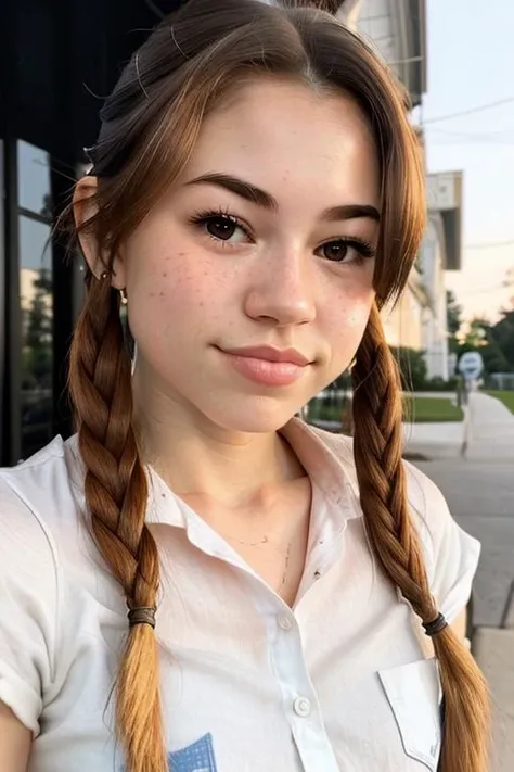 a photo of avaroseembv3, detailed eyes, eyelashes, lips, smile, teeth, golden hour, masterpiece, freckles, brunette, braided pigtails, braids, brunette, closeup, casual shirt, standing on the sidewalk,