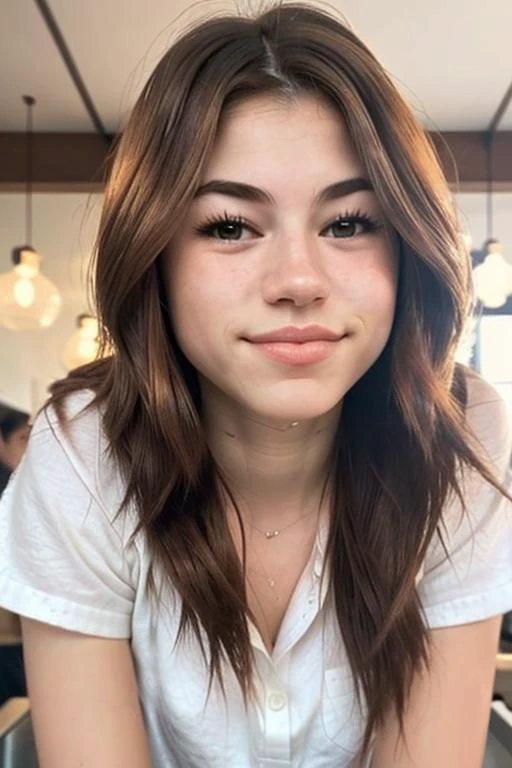a photo of avaroseembv3, detailed eyes, eyelashes, lips, brunette, long wavy hair, long hair, brunette, closeup, shirt, in a coffee shop, smile