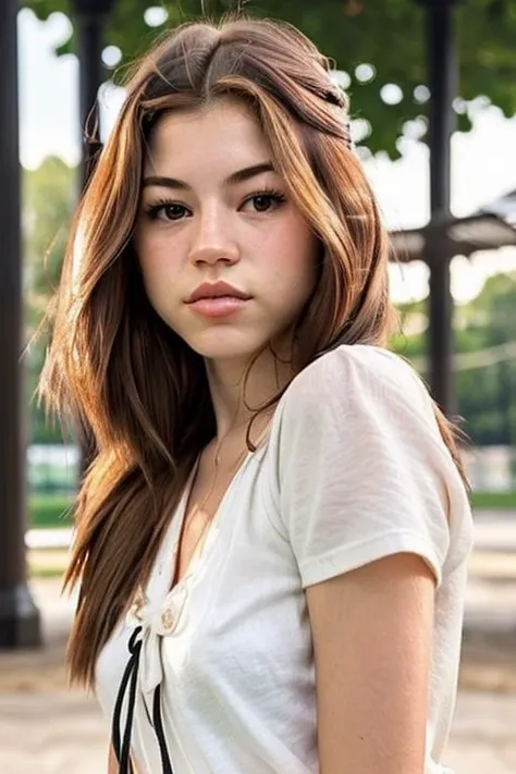 a photo of avaroseembv3, eyelashes, lips, brunette, long hair, closeup, red shirt, outdoors, in a park