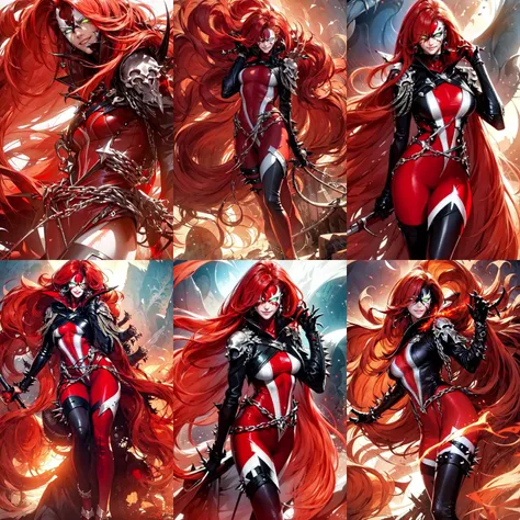 (otherworldly, otherworldly atmosphere, otherworldly appearance), highly insanely detailed, masterpiece, top quality, best quality, highres, 4k, 8k, RAW photo, (long_hair, long hair), collar, earrings, jewelry,
(random colors cloth, random colors hair, random long hair, dynamic hair, glowing hair),
long hair, eyelashes, eyeliner, makeup, hair over one eye,
(dynamic pose), (dynamic weather),
a woman wielding green magic and with a huge red cape, smiling, full body , <lora:SheSpawnLoRA:1>, (SheSpawn with red hair in a red and white mask and costume and green glowing eyes and a black leather jacket with spikes and white armor on the shoulder and chais around her waist and legs), beautiful eyes, beautiful girl, high detail skin, high detail hair, detailed pores, imperfect skin, detailed reflective shiny skin, diffused skin pores, sharpen picture,
(smiling at viewer), (fantasy world)