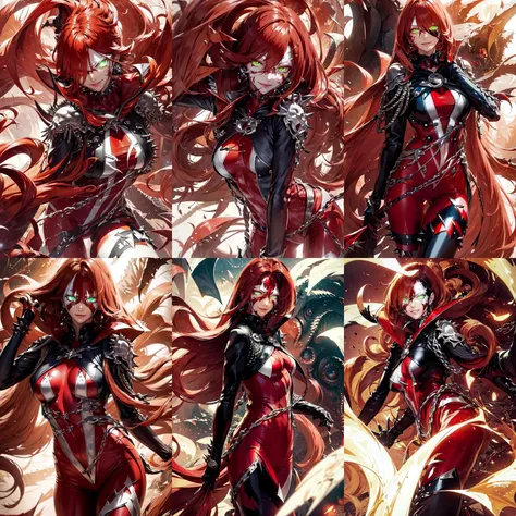 (otherworldly, otherworldly atmosphere, otherworldly appearance), highly insanely detailed, masterpiece, top quality, best quality, highres, 4k, 8k, RAW photo, (long_hair, long hair), collar, earrings, jewelry,
(random colors cloth, random colors hair, random long hair, dynamic hair, glowing hair),
long hair, eyelashes, eyeliner, makeup, hair over one eye,
(dynamic pose), (dynamic weather),
a woman wielding green magic and with a huge red cape, smiling, full body , <lora:SheSpawnLoRA:1>, (SheSpawn with red hair in a red and white mask and costume and green glowing eyes and a black leather jacket with spikes and white armor on the shoulder and chais around her waist and legs), beautiful eyes, beautiful girl, high detail skin, high detail hair, detailed pores, imperfect skin, detailed reflective shiny skin, diffused skin pores, sharpen picture,
(smiling at viewer), (fantasy world)