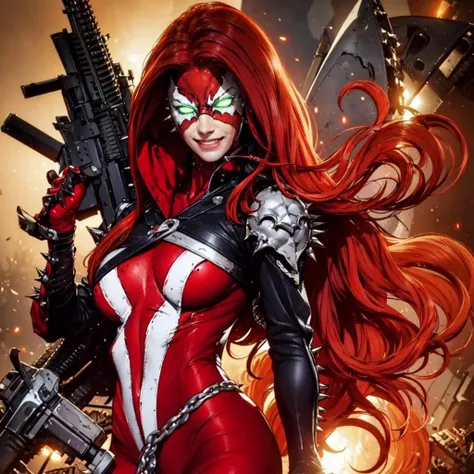 a woman standing in hell, smiling, portrait <lora:SheSpawnLoRA:1> (SheSpawn with red hair in a red and white mask and costume and green glowing eyes and a black leather jacket with spikes and white armor on the shoulder and chais around her waist and legs holding guns), beautiful eyes, beautiful girl, high detail skin, high detail eyes, high detail hair, highres, ultra detailed, detailed pores, imperfect skin, detailed reflective shiny skin, diffused skin pores,sharpen picture, Highly detailed, masterpiece, best quality