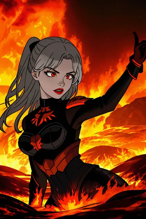 realistic photo of <lora:ElinaKarimova_v4:0.9> ElinaKarimova wearing wing eyeliner and lipstick, (style-swirlmagic:0.8), solo, upper body, detailed background, detailed face, ( dark fantasy theme:1.1) (mouth open:0.65), primal fiery armored warrior, [heavy armor:molten rock:2], engulfed in flames, flowing magma, dynamic pose, pyromania, lava pools in background, , cinematic fiery atmosphere,