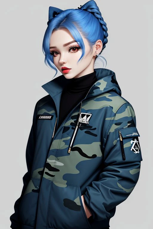 line art drawing, professional, sleek, modern, minimalist, graphic, line art, vector graphics upper body photo of <lora:ElinaKarimova_v4:0.9> ElinaKarimova wearing cat eye makeup and lipstick, focus on face, wearing camo , her azure color hair is styled as french twist,