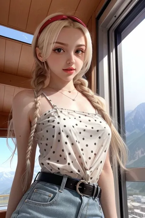 ASCII(from below, head shot:1.2) photo of
<lora:elinakarimova_v3:.9> ElinaKarimova,
she is wearing bell-bottoms and polka dot halterneck
,
her hair is styled as fishtail braid headband,
she is wearing belt,
BREAK she is (at the top of a mountain:1.1),
light beams streaming through haze,