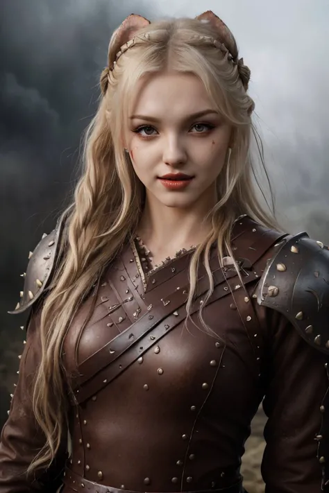 <lora:ElinaKarimova_v3:0.9> ElinaKarimova wearing cat eye makeup and lipstick, norwegian, portrait, battlescars,looking at viewer, solo, (full body:0.6), detailed background, (<lora:smoke_model:0.4>, smokestyle theme:1.1), nordic warrior, (grinning:0.8), fury of the old gods, viking age, brown war paint on face, blood spatters, simple brown studded leather battle-tunic, viking dark fantasy atmosphere,