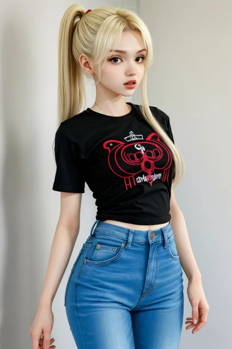 (medium shot:1.4), <lora:ElinaKarimova_v4:0.9> ElinaKarimova wearing a t-shirt and jeans
