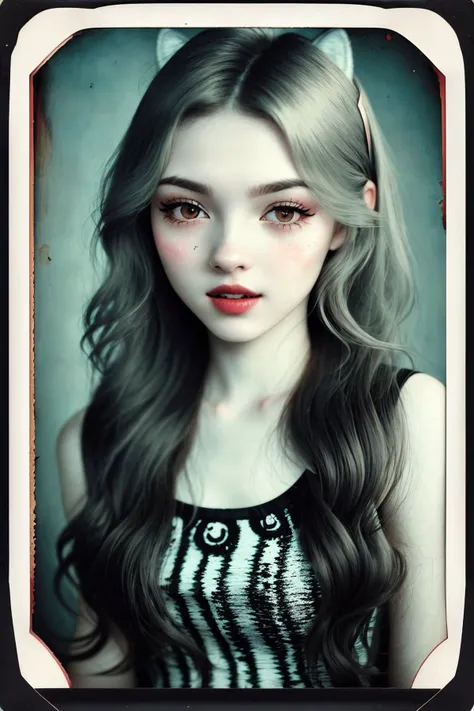 (realistic detailed polaroid style, vintage, instant photo, faded, detailed:1.2), photo of <lora:ElinaKarimova_v4:0.9> ElinaKarimova wearing cat eye makeup and lipstick, focus on eyes, close up on face, laughing, hair styled mermaid waves hair, desaturated grunge filter