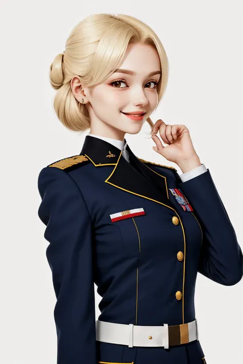 minimalist design of, clean lines, flat colors, simplicity upper body <lora:ElinaKarimova_v4:0.9> ElinaKarimova, focus on smiling face, wearing a military uniform , her hair is styled as asymmetrical lob hair,