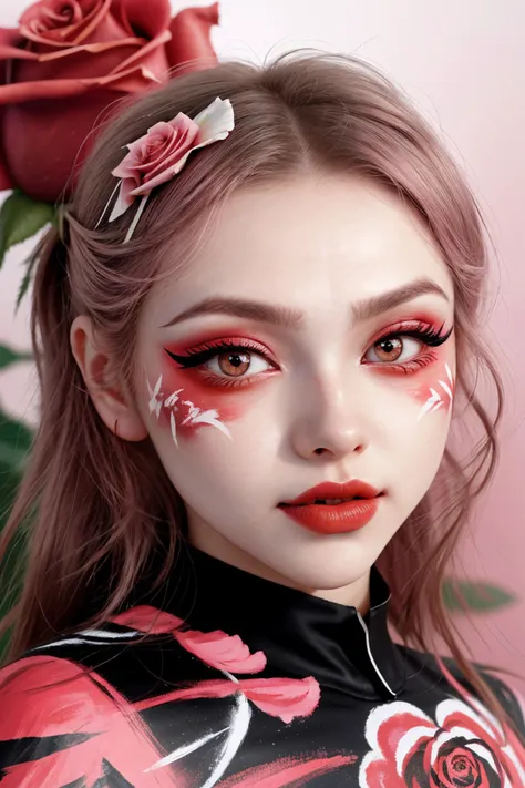 realistic photo of <lora:ElinaKarimova_v4:0.9> ElinaKarimova wearing wing eyeliner and lipstick, close up on face, focus on eyes, (rose face paint:1.2)