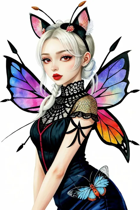 an extremely detailed, intricate watercolor painting of <lora:ElinaKarimova_v4:0.9> ElinaKarimova wearing cat eye makeup and lipstick with ant antenna on her head, she has multifaceted eyes, she has insect wings for ears