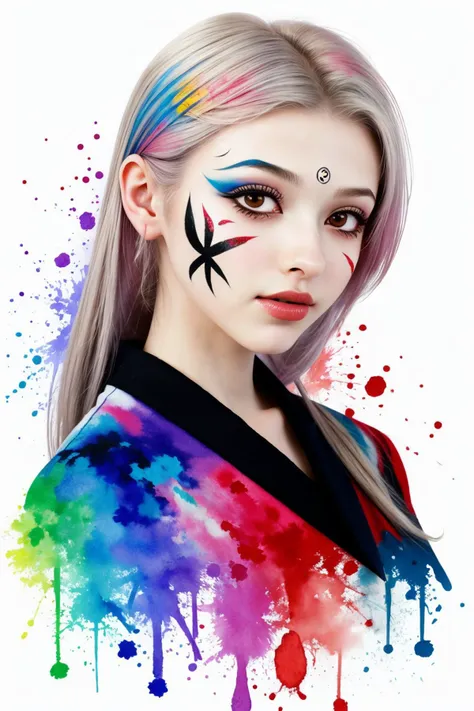 watercolor painting of <lora:ElinaKarimova_v4:0.9> ElinaKarimova, close up on face, focus on eyes, (numerology face paint:1.2)