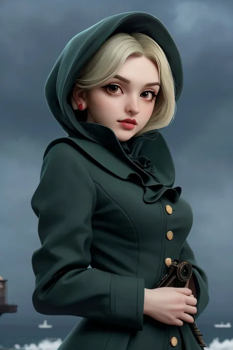 <lora:ElinaKarimova_v4:0.9> ElinaKarimova wearing wing eyeliner and lipstick, portrait, solo, half shot, looking at viewer, detailed background, detailed face, (victorian theme:1.1), secret agent, disguised, intrigue, secret mission, heist, infiltration, spy equipment, Dark sea green spy clothes, hood, storm in background, night mysterious cinematic atmosphere,