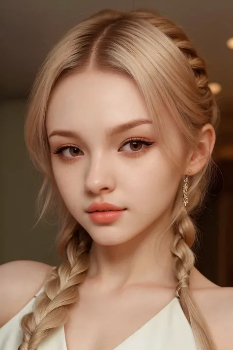<lora:ElinaKarimova_v4:0.9> ElinaKarimova, focus on eyes, close up on face, , hair leaf color styled as twist braid