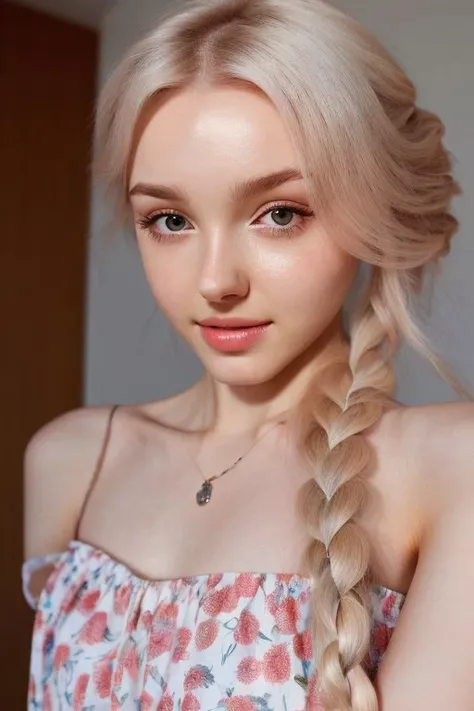 ASCII(from above, head shot:1.2) detailed photo of 
         <lora:elinakarimova_v2:.9> ElinaKarimova, 
        she is wearing makeup,
        she is wearing a summer dress,
        her hair is styled as spiral braid,
        she is wearing necklace,
        BREAK she is (in the family room:1.1),
        (hard lighting:1.4),