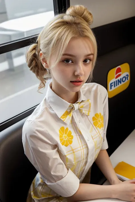 ASCII(from above, head shot:1.2) photo of
<lora:elinakarimova_v3:0.9> ElinaKarimova,
she is wearing pants and lemon print dress shirt
,
her hair is styled as Straight Messy Bun,
she is wearing bowtie,
BREAK she is (working at a fast food restaurant:1.1),
silhouetted against the bright sky,